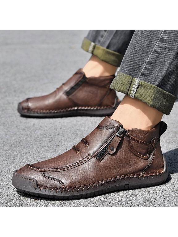 Women Slip On Orthopedic Leather Boots Casual Lightweight Breathable Handmade Premium Leather Loafers Driving Boots with Side Zipper Outdoor Hiking Business Sports Shoes