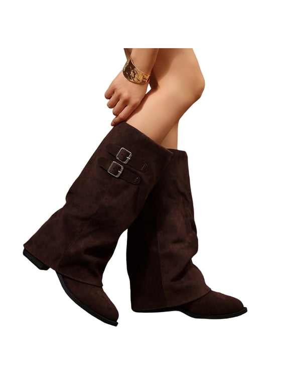 Women Slouchy Knee High Boots Casual Round Toe Pull On Riding Biker Boots Fold Over Chunky Low Heel Platform Boot Double Buckle Soft Upper Shoes