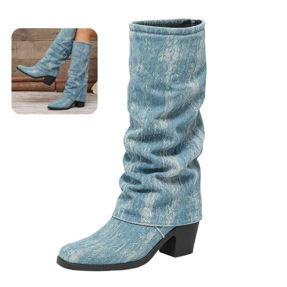 Willtoo Women Square Toe Slouch Denim Tall Boots Ruched Fold‑Over Shaft Chunky Block Heel Side Zipper Wide Calf Knee High Boots