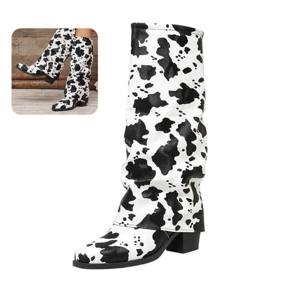 Willtoo Women Square Toe Slouch Denim Tall Boots Ruched Fold‑Over Shaft Chunky Block Heel Side Zipper Wide Calf Knee High Boots