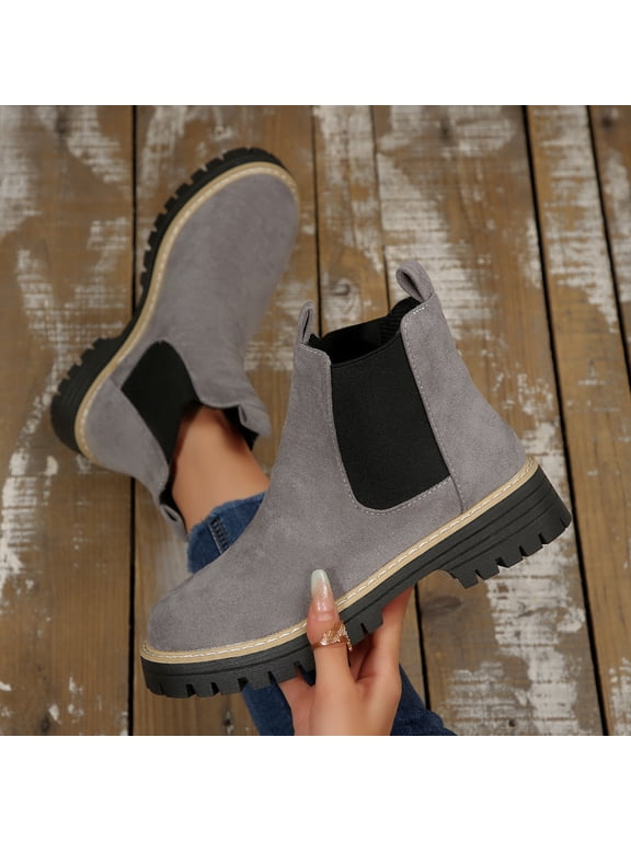 Women Faux Suede Ankle Boots Wide Calf Platforms Chunky Block Heels Round Toe Pull Tab Lug Sole Casual Short Booties Trendy Solid Non Slip Comfort Slip on Fall Winter Dressy Office Shoes Gray