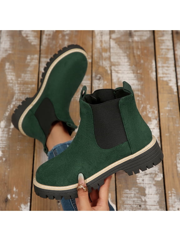 Women Suede Ankle Boots Wide Calf Platforms Chunky Block Heels Round Toe Pull Tab Lug Sole Casual Short Booties Trendy Solid Non Slip Comfort Slip on Fall Winter Dressy Office Shoes Green