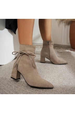 Women Trendy Chunky Mid Block Heel Ankle Booties Round Closed Toe Short Boots Faux Suede Side Zipper Strappy Straps with Tassels Ladies Fall Winter Dailywear Walking Dress Shoes