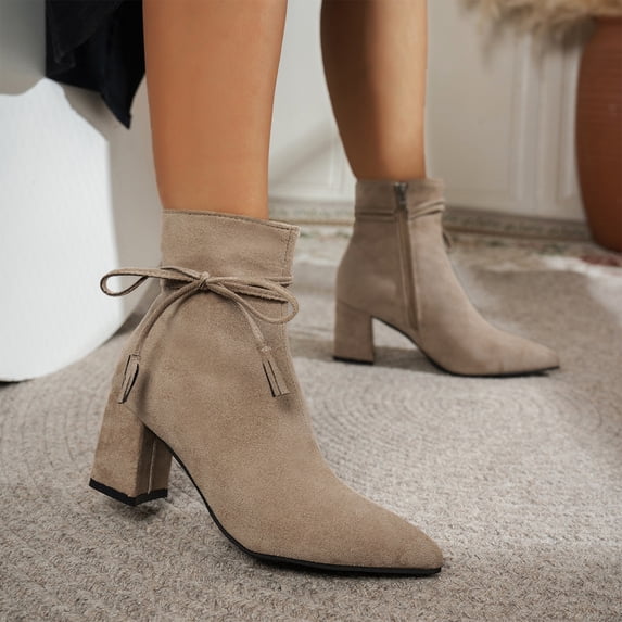 Willtoo Women Trendy Chunky Mid Block Heel Ankle Booties Round Closed Toe Short Boots Faux Suede Side Zipper Strappy Straps with Tassels Ladies Fall Winter Dailywear Walking Dress Shoes