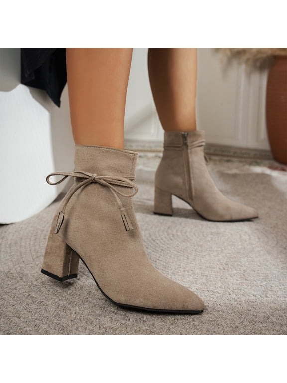 Women Trendy Chunky Mid Block Heel Ankle Booties Round Closed Toe Short Boots Faux Suede Side Zipper Strappy Straps with Tassels Ladies Fall Winter Dailywear Walking Dress Shoes