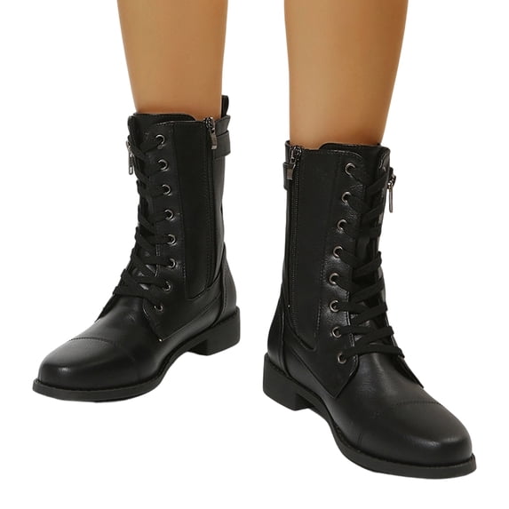 Willtoo Women Vintage Mid Calf Riding Boots Cap Toe Lace Up Combat Boots with Side Zipper Buckle Low Block Heel Faux Leather Casual Winter Ankle Booties for Daily Outdoor Walking