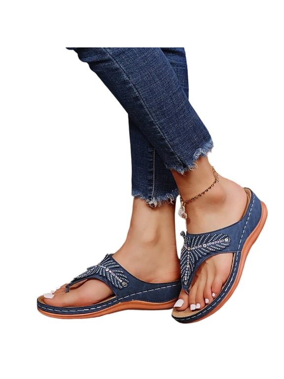Women Wedge Orthopedic Flip Flops Boho Bling Rhinestone Slide Sandals Comfortable Slip On Thong Slippers Summer Casual Walking Beach