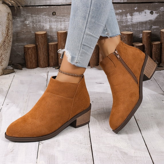 Willtoo Women's Ankle Booties Chunky Low Heeled Zipper Boots Round Toe Slip on Walking Shoe Chunky Block Solid Casual Comfy Shoes