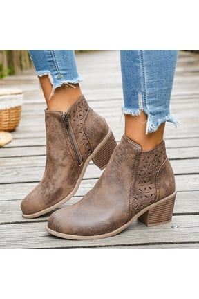 Women's Ankle Booties Fall Winter Ankle Boots Chunky Block Heel Side Zipper Comfortable Boots Faux Leather Round Toe Short Boots Non Slip Casual Daily Walking Shoes