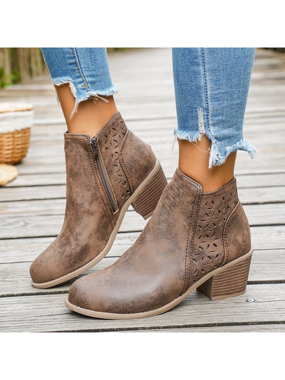 Women's Ankle Booties Fall Winter Ankle Boots Chunky Block Heel Side Zipper Comfortable Boots Faux Leather Round Toe Short Boots Non Slip Casual Daily Walking Shoes