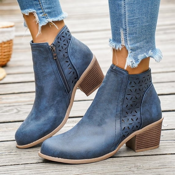 Willtoo Women's Ankle Booties Fall Winter Ankle Boots Chunky Block Heel Side Zipper Comfortable Boots Faux Leather Round Toe Short Boots Non Slip Casual Daily Walking Shoes