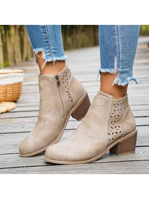 Women's Ankle Booties Fall Winter Ankle Boots Chunky Block Heel Side Zipper Comfortable Boots Faux Leather Round Toe Short Boots Non Slip Casual Daily Walking Shoes