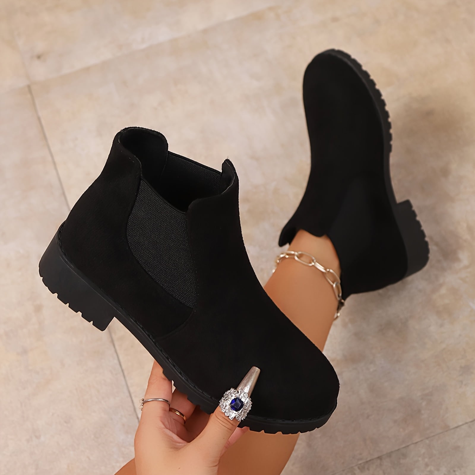 Willtoo Women's Ankle Boots Chunky Low Heels Booties Slip On Elastic Fall Short Boots Women Round Toe Casual Solid Suede Comfortable Bootie Outdoor Non-Slip Hiking Riding Boot Walking Shoes Black