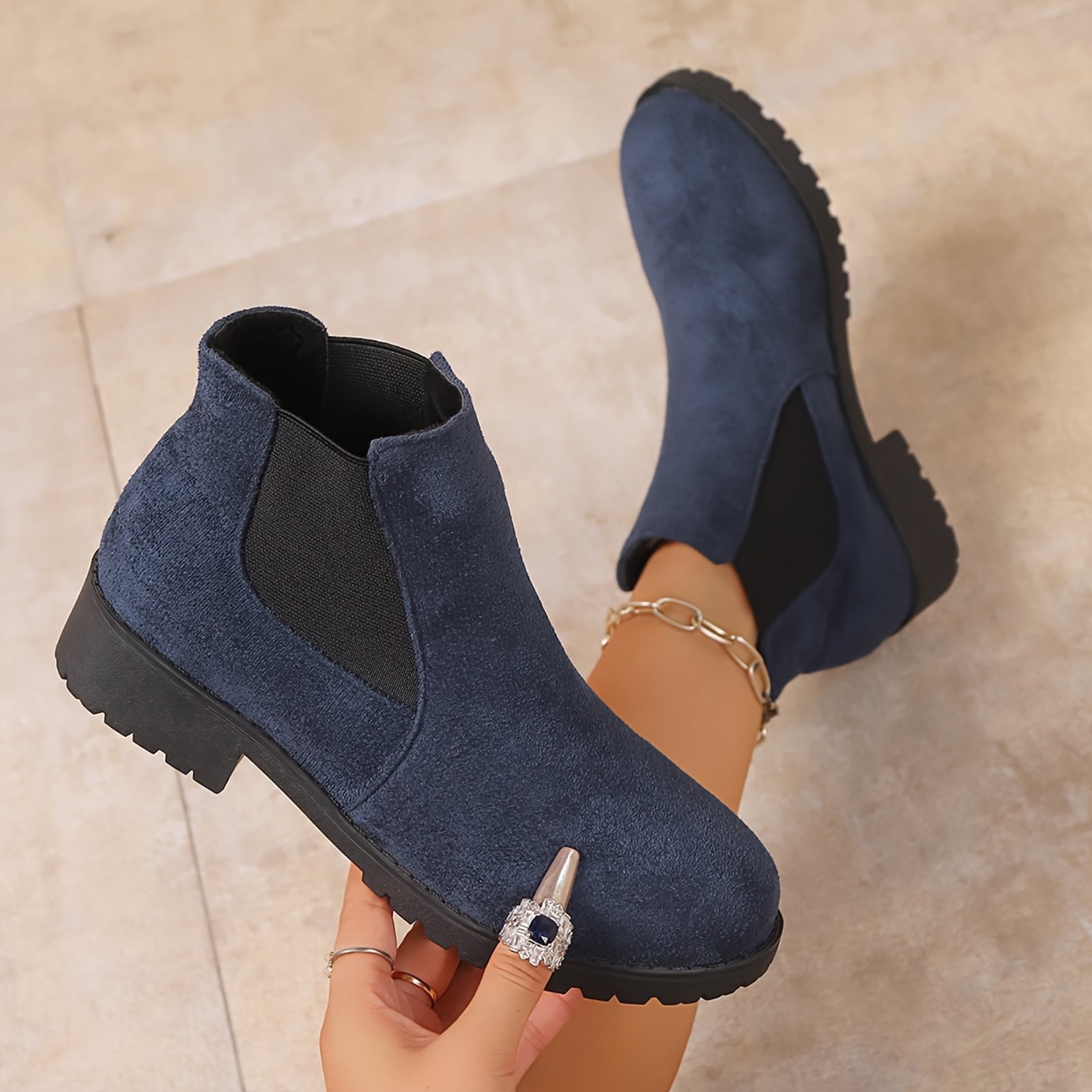 Willtoo Women's Ankle Boots Chunky Low Heels Booties Slip On Elastic Fall Short Boots Women Round Toe Casual Solid Suede Comfortable Bootie Outdoor Non-Slip Hiking Riding Boot Walking Shoes Navy