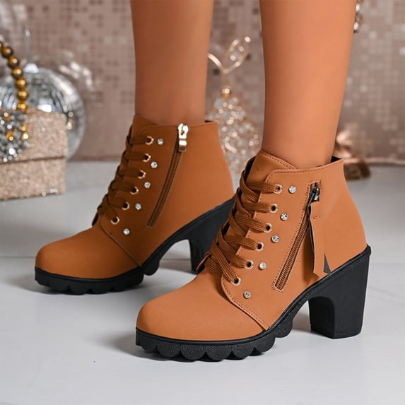 Willtoo Women's Ankle Boots Lace Up Round Toe Comfortable Shoes with Side Zipper Winter Non Slip Casual Western Short Boots Chunky Block Heel Platform Fashion Footwear