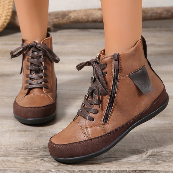 Willtoo Women's Ankle Boots Lace up and Side Zipper, Flat Fashion Combat Booties Low Heel