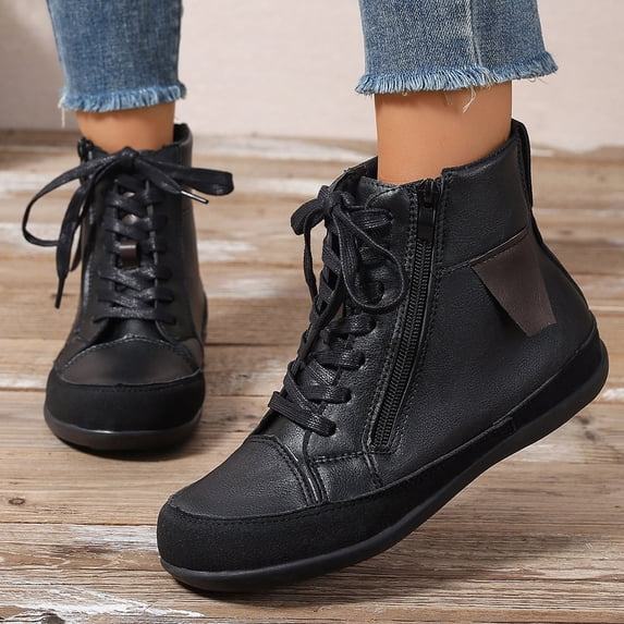 Willtoo Women's Ankle Boots Lace up and Side Zipper, Flat Fashion Combat Booties Low Heel