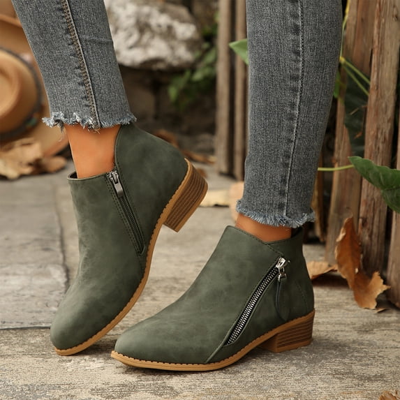 Willtoo Women's Ankle Boots Low Chunky Heel Faux Suede Ankle Boots with Side Zipper Casual Comfortable Solid Color Round Toe Orthopedic Arch Support Booties Wide Width Walking Boots for Fall Winter