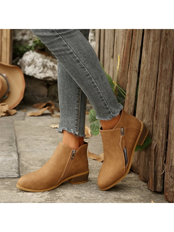 Women's Ankle Boots Low Chunky Heel Faux Suede Ankle Boots with Side Zipper Casual Comfortable Solid Color Round Toe Orthopedic Arch Support Booties Wide Width Walking Boots for Fall Winter