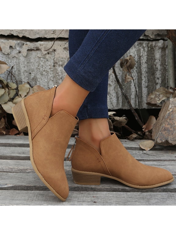 Women's Ankle Boots Low Heels Chunky Fashion Zipper Dressy Booties for Women Pointed Toe Slip On Dress Short Shoes Brown
