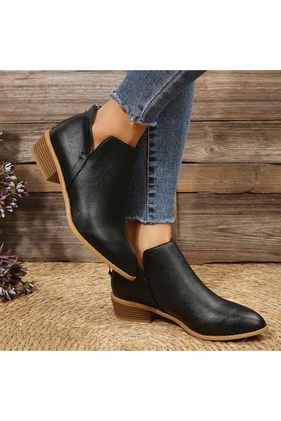 Women's Ankle Boots Low Heels Chunky Fashion Zipper Dressy Booties for Women Pointed Toe Slip On Dress Short Shoes Coffee