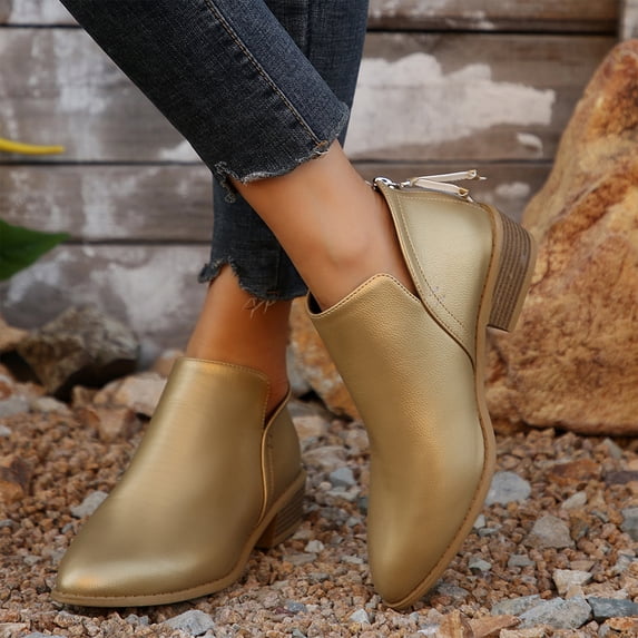 Willtoo Women's Ankle Boots Low Heels Chunky Fashion Zipper Dressy Booties for Women Pointed Toe Slip On Dress Short Shoes Gold