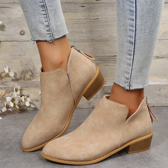 Willtoo Women's Ankle Boots Low Heels Chunky Fashion Zipper Dressy Booties for Women Pointed Toe Slip On Dress Short Shoes Khaki