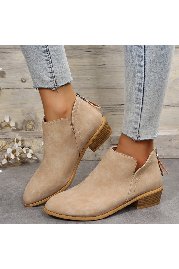 Women's Ankle Boots Low Heels Chunky Fashion Zipper Dressy Booties for Women Pointed Toe Slip On Dress Short Shoes Khaki