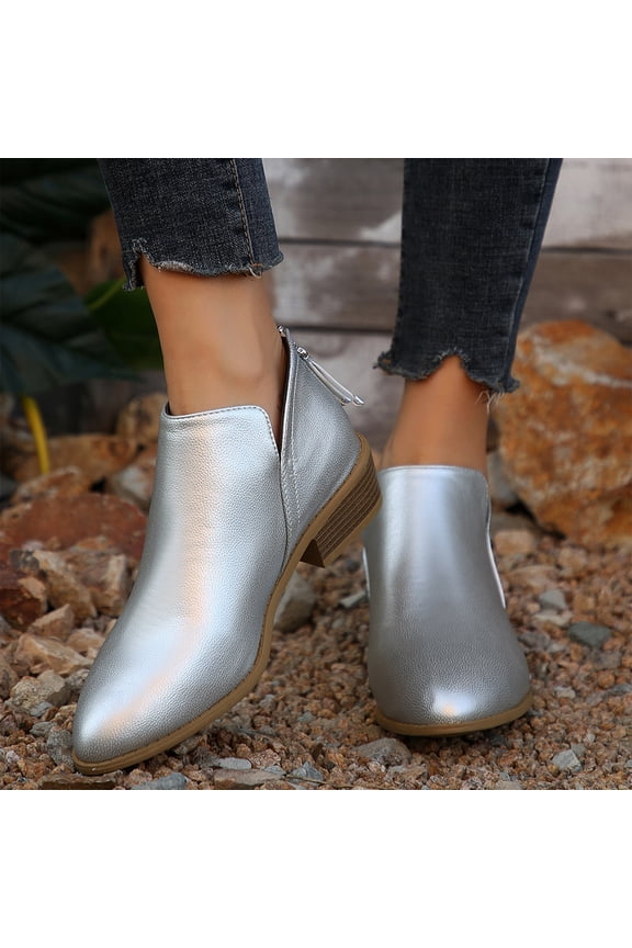 Women's Ankle Boots Low Heels Chunky Fashion Zipper Dressy Booties for Women Pointed Toe Slip On Dress Short Shoes Silver
