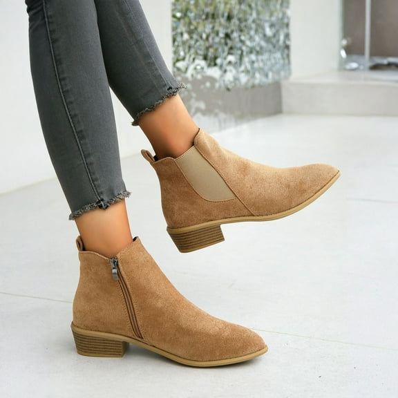 Willtoo Women's Ankle Boots Thick Heel Low Heeled Booties for Women Winter Shoes Pointed Toe Chunky Stacked Heel Booties Retro Buckle Strap Boots Side Zipper Slip On Faux Leather Booties Khaki