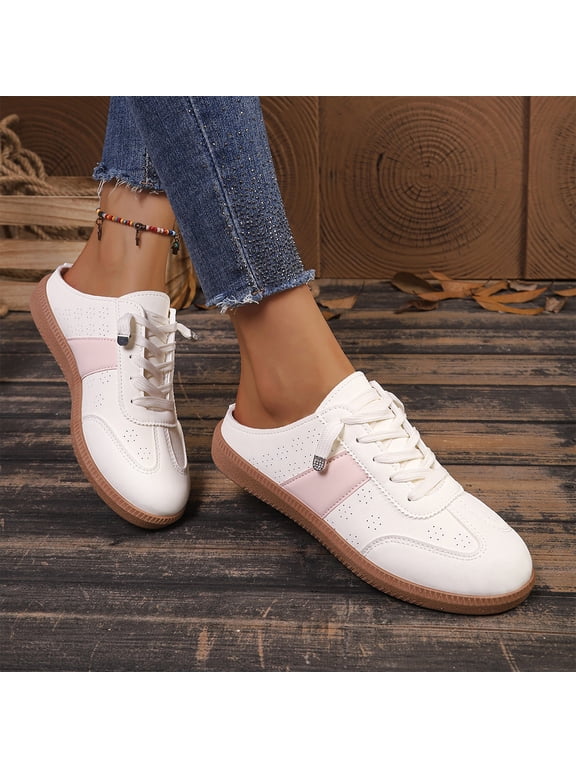 Women’s Backless Trainers Slip-On Mule Sneakers Breathable Open Back Lace-Up Casual Walking Shoes Retro Tennis Shoes