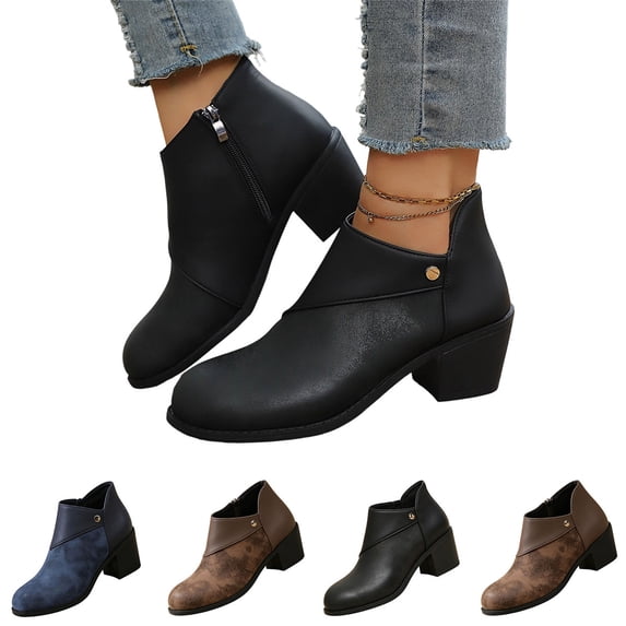 Willtoo Women's Block Heel Ankle Boots Side Zipper Retro Patchwork Casual Booties, Comfort Low Heel Daily Dress Short Boots