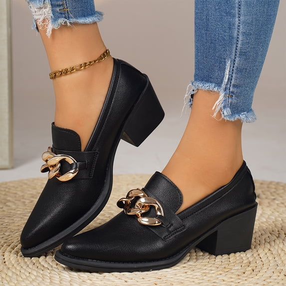 Willtoo Women's Block Heel Loafers, Pointed Toe Slip‑on Dress Pumps with Metal Chain Decor, Comfort Mid Heel Business Casual Work Shoes Non Slip Comfortable Office Daily Wear Footwear