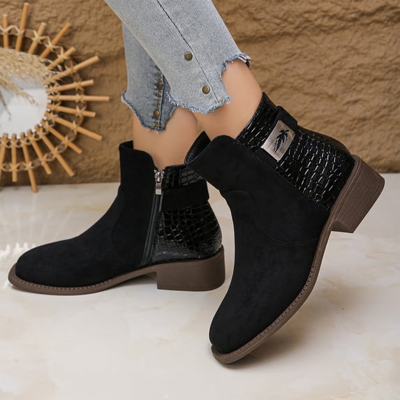 Willtoo Women's Boots Faux Fur Suede Print Patchwork Ankle Boots, Metal Buckle Side Zipper Block Heel Chelsea Booties, Fall Winter Fashion Short Boots for Ladies