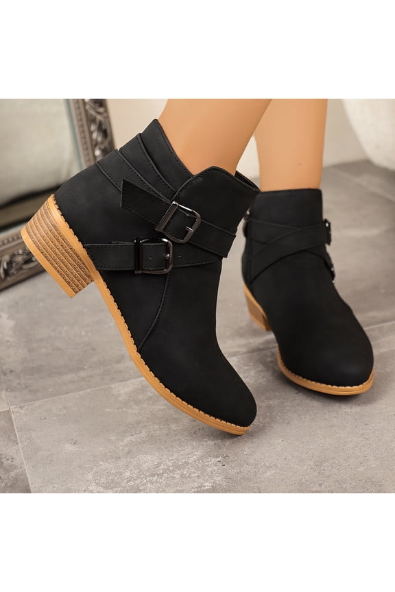 Women's Boots Strap Block Heel Ankle Boots Closed Toe Stacked Heel Booties Shoes
