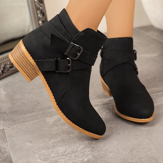 Willtoo Women's Boots Strap Block Heel Ankle Boots Closed Toe Stacked Heel Booties Shoes
