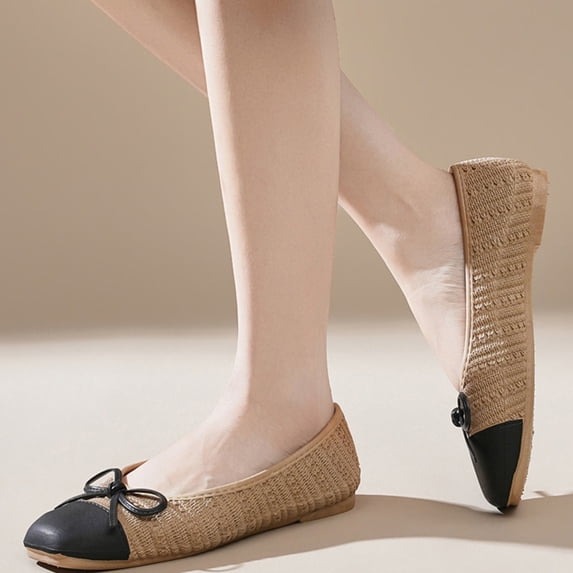 Willtoo Women’s Bow Decor Square Toe Ballet Flats, Woven Slip‑On Casual Dress Flats Lightweight Low‑Heel Walking ShoesNon Slip Daily Business Work Shoes