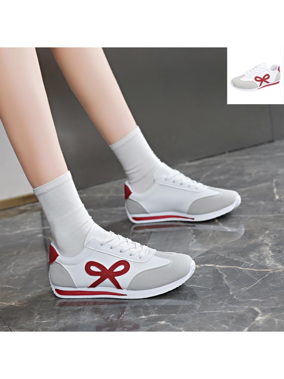 Women's Bow Patch Low Top Retro Sneakers, Lace Up Roud Toe Casual Shoes, Flat Sole Fashion Walking Shoes
