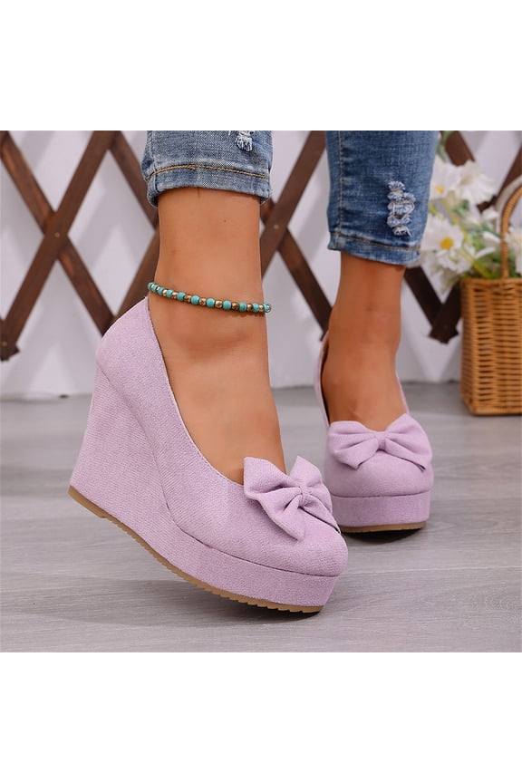 Women's Bow Platform Wedge High Heels Ankle Strap Pumps Light Purple