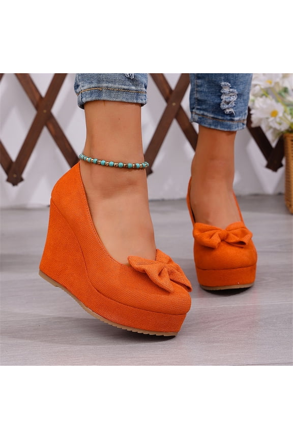 Women's Bow Platform Wedge High Heels Ankle Strap Pumps Orange