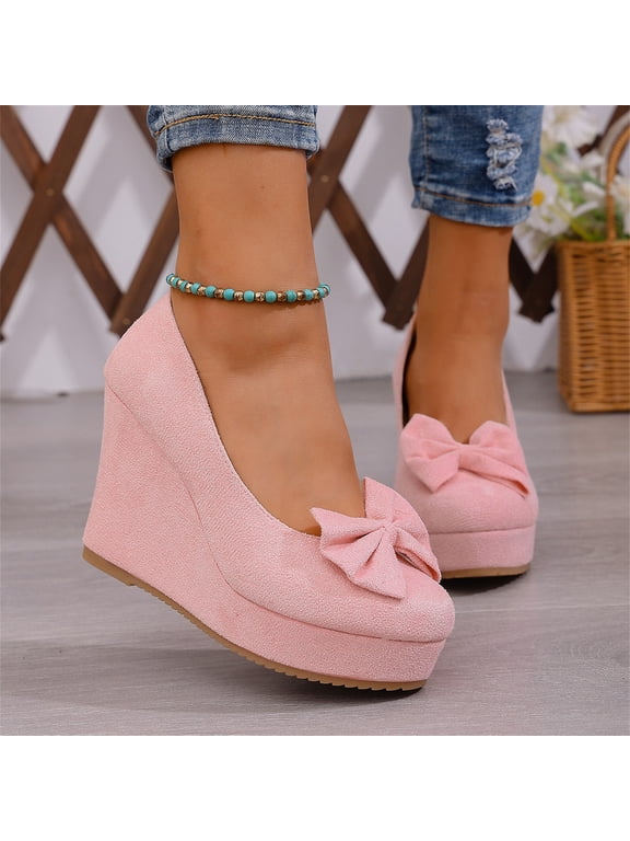 Women's Bow Platform Wedge High Heels Ankle Strap Pumps Pink