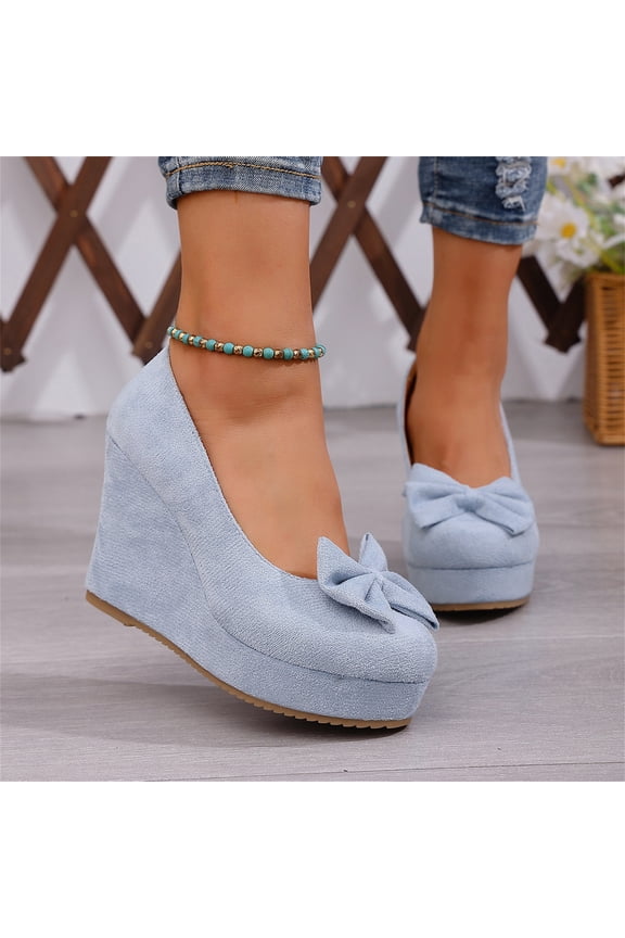 Women's Bow Platform Wedge High Heels Ankle Strap Pumps Sky Blue