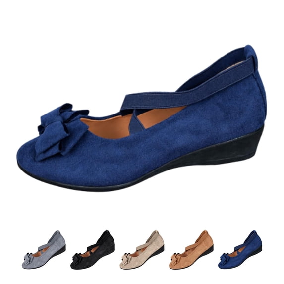 Willtoo Women's Bowknot Dress Shoes Ballet Low Wedge Heels Pointed Toe Slip On Comfortable Casual Mary Jane Shoes Dressy Women Office Work Suede Elastic Strap Low Top Walking Wedges Footwear