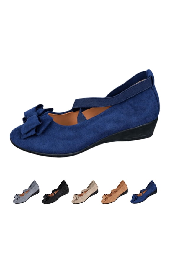 Women's Bowknot Dress Shoes Ballet Low Wedge Heels Pointed Toe Slip On Comfortable Casual Mary Jane Shoes Dressy Women Office Work Suede Elastic Strap Low Top Walking Wedges Footwear
