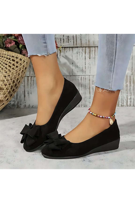 Women's Bowknot Dressy Flats Ballet Low Wedge Round Toe Slip-Ons Comfortable Casual Dressy Office Work Orthopedic Shoes