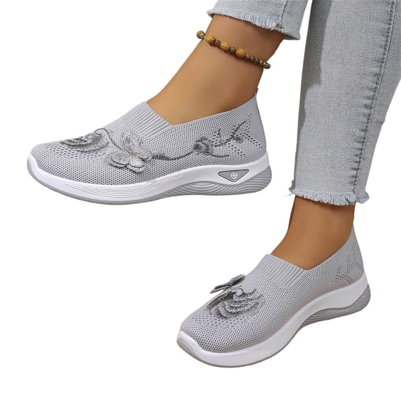 Willtoo Women's Butterfly Embroidered Loafers Breathable Knitted Mesh Slip-on Loafers Lightweight Comfortable Casual Sneakers Orthopedic Walking Shoes with Arch Support