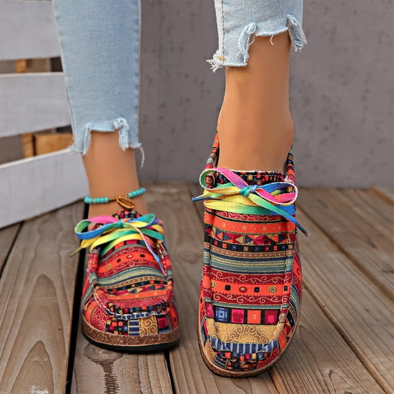 Willtoo Women's Casual Loafers Slip On Canvas Walking Shoes Comfortable Lightweight Ladies Travel Shoes Retro Ethnic Driving Loafer Orthotic Arch Support Sneakers Outdoor Non-Slip Boat Shoes