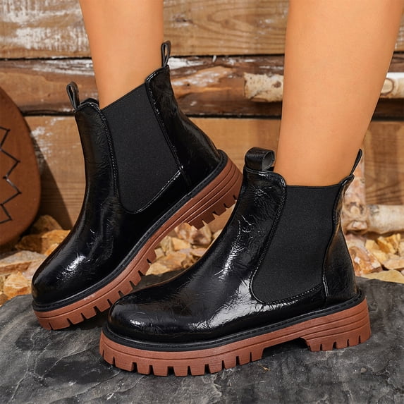 Willtoo Women's Chelsea Ankle Boots Round Toe Low Chunky Heel Short Booties Fashion Lug Sole Platform Fall Winter Booties Slip On Thick Platform Non Slip Shoes
