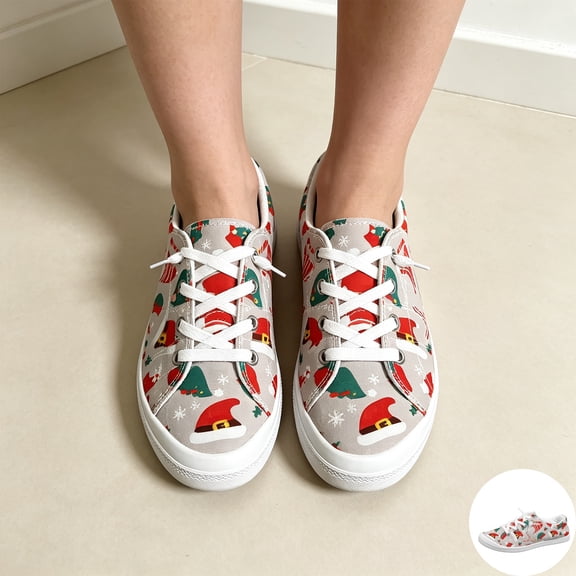 Willtoo Women's Christmas Graphic Sneakers, Round Toe Lace Up Print Canvas Shoes, Casual Low Top Walking Footwear