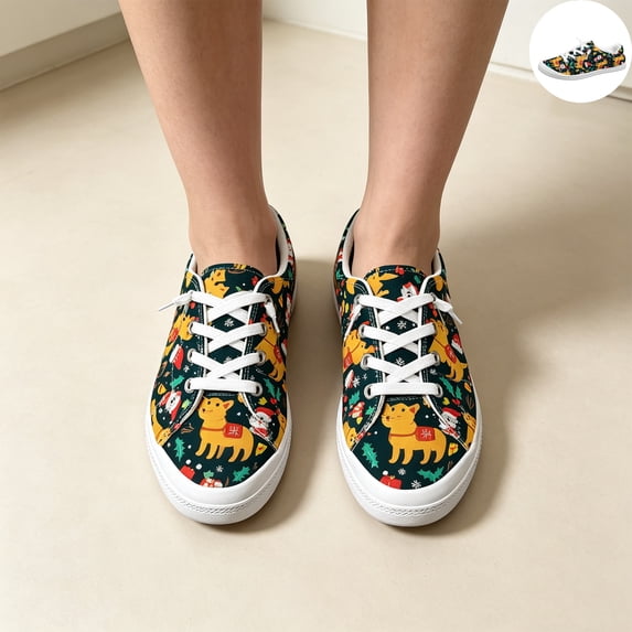 Willtoo Women’s Christmas Print Canvas Sneakers, Low Top Lace Up Holiday Casual Shoes Lightweight Non Slip Walking Footwear